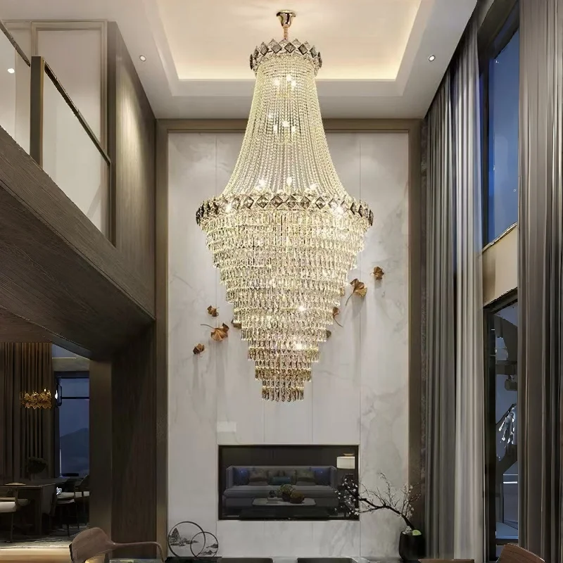 Villa Duplex Building Led Crystal Chandelier Luxurious Cantilevered Spiral Staircase Light European Style Lustre Light Fixture