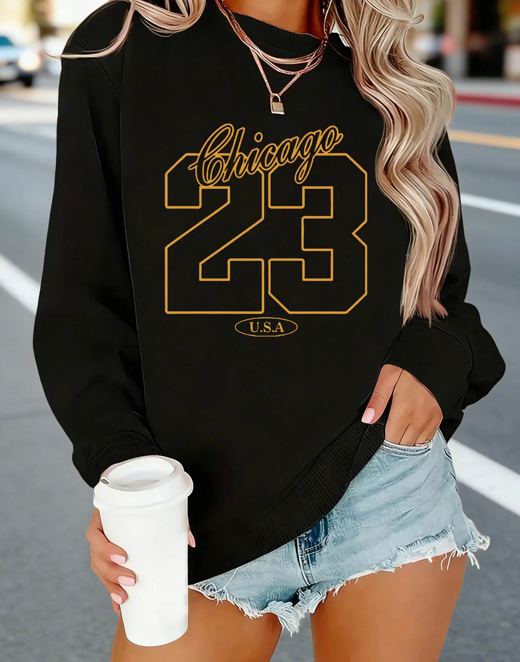 Felpa da donna "Chicago 23 USA" con stampa di lettere girocollo casual per l'autunno e la primavera, abbigliamento da donna