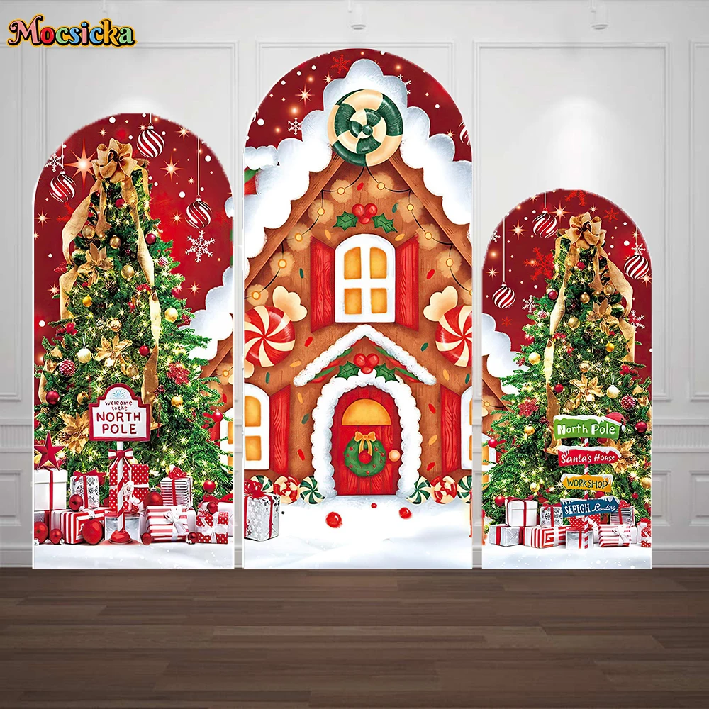 

Gingerbread House Arch Background Xmas Photography North Pole Christmas Tree Gifts Red Ball Backdrop Kids Winter Party Photocall