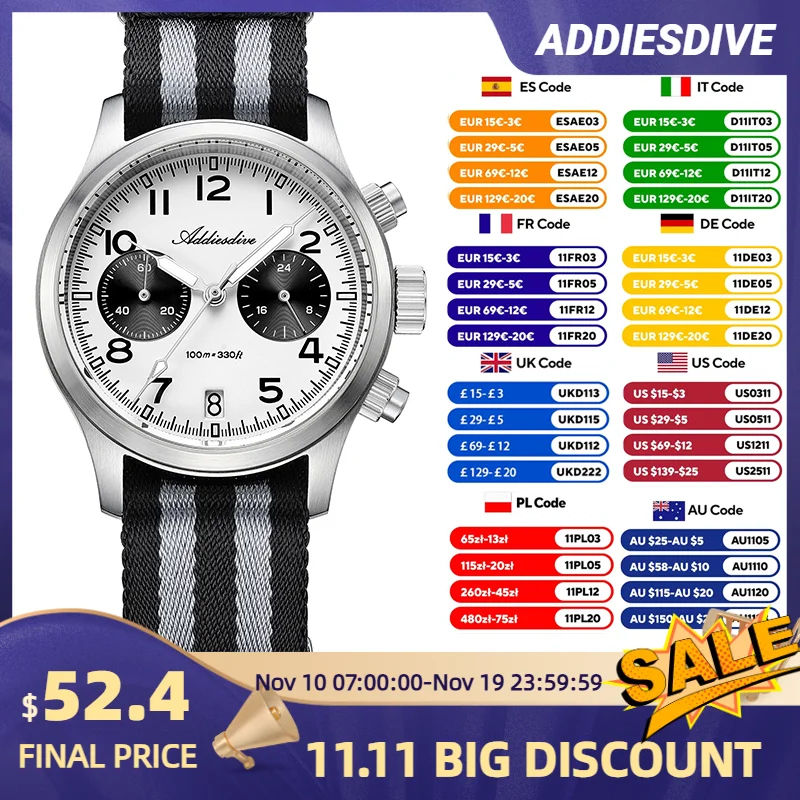 

ADDIESDIVE New Luxury Chronograph Watch VK64 Panda Dial Quartz Movement Sapphire Glass 100M Waterproof Sport Men’s Wristwatch