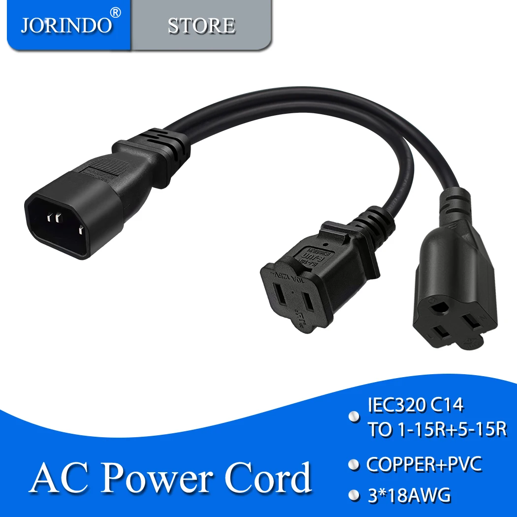 JORINDO IEC320 C14 Male plug TO NEMA 1-15R+NEMA 5-15R Power Adapter Cable,C14 TO US 1 In 2 Out Power conversion line