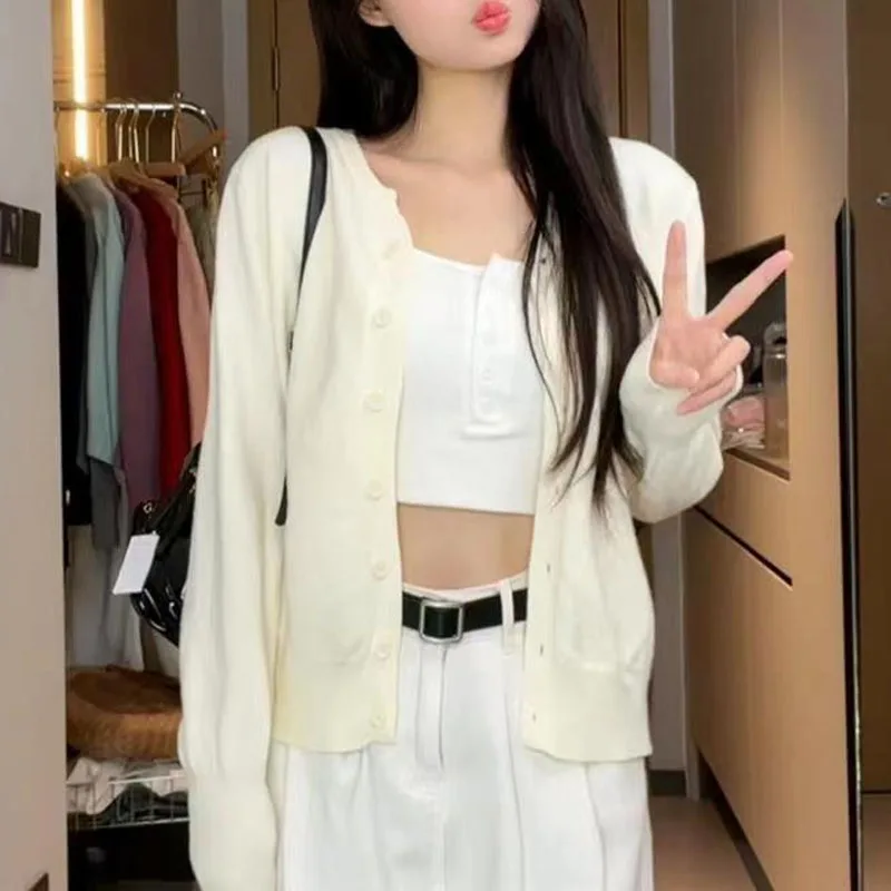 

Knitted Sweater Women Cardigans New Long Sleeve O-Neck White Knit Sweater Cardigan Women Tops Knitwears Sueters De Mujer Q1208