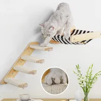 3Pcs Cat Hammock with Four Step Sisal Stairways or Scratching Posts Set Wall Mounted Wooden Cats Furniture Climbing Shelf Perch