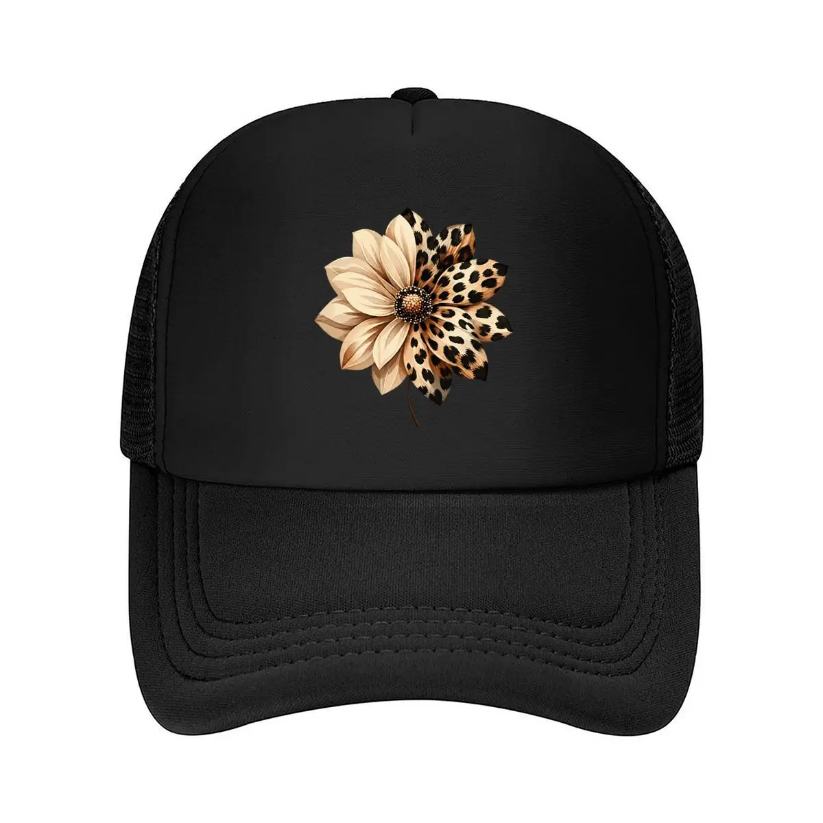 Leopard Print Beige Flower Botanical Blossom Graphic Mesh Baseball Cap Hip Hop