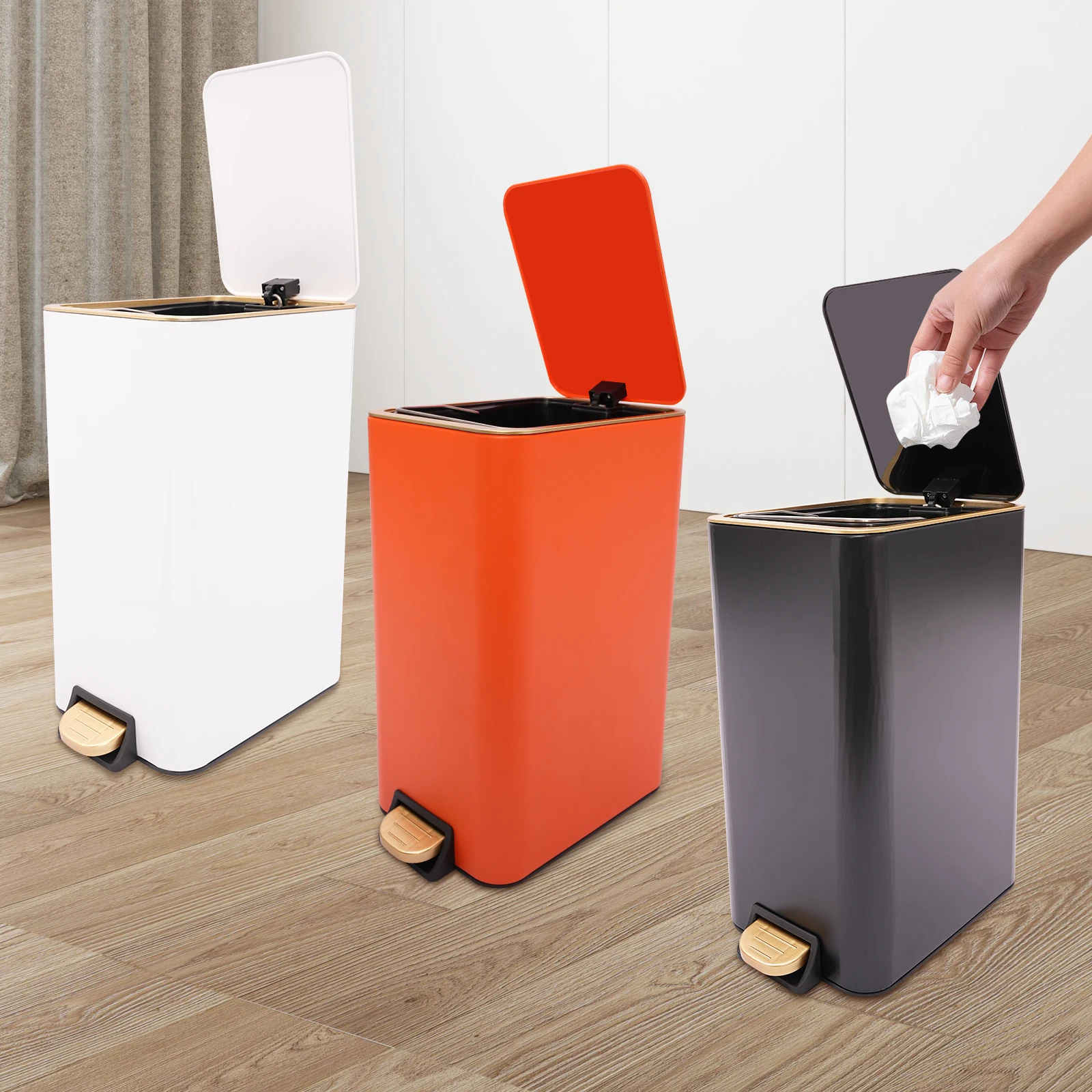 Poubelle en PP blanc/Orange/noir 12L, poubelle autoportante avec couvercle pour cuisine, chambre à coucher