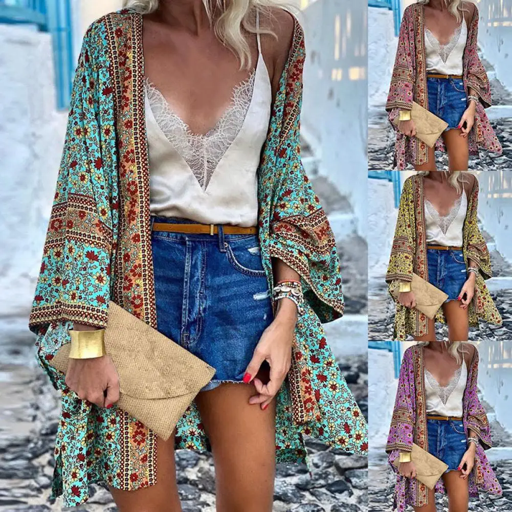 Boho Cardigan Quick Drying Skin-touch Anti-shrink Summer Open Front Bohemian Floral Printed Shirt Summer Cardigan Simple