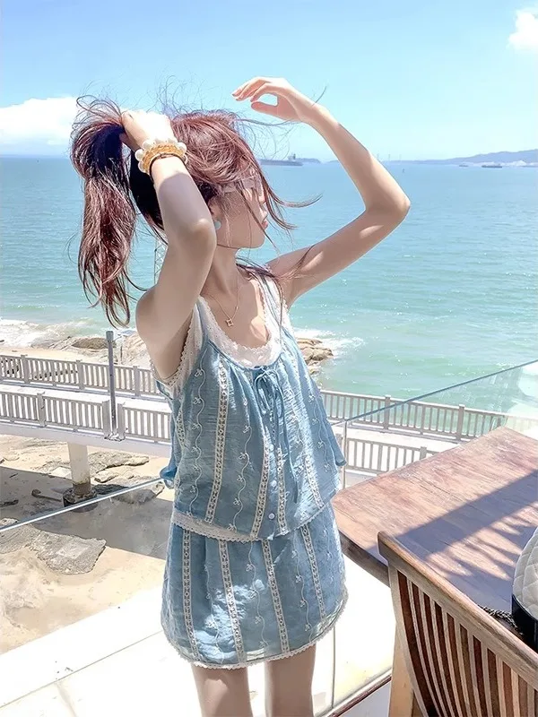 

Blue Lace Top f Skirt Tee Piece Set Summer Faion Women's Clothing Layered Strap Vaion Sle Polyester round Ne Bu...