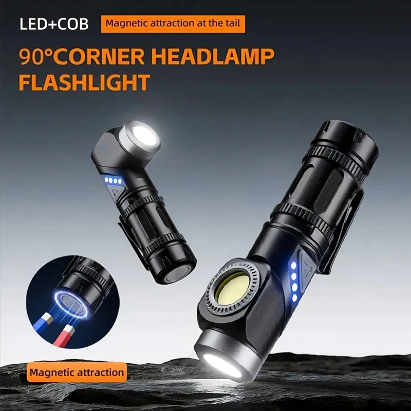 Lampe torche LED 2-en-1 90 ° Lampe frontale pivotante super lumineuse pour le camping, le travail en extérieur, la randonnée, les situations d'urgence, lampe torche magnétique