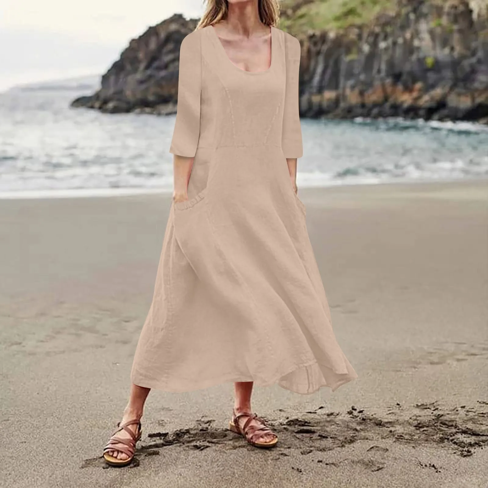 

Women Cotton Linen Dress Fashion Simple Beach Dresses Solid Color Sleeveless Long Skirt With Pocket Vestidos Veranos Moda 2024