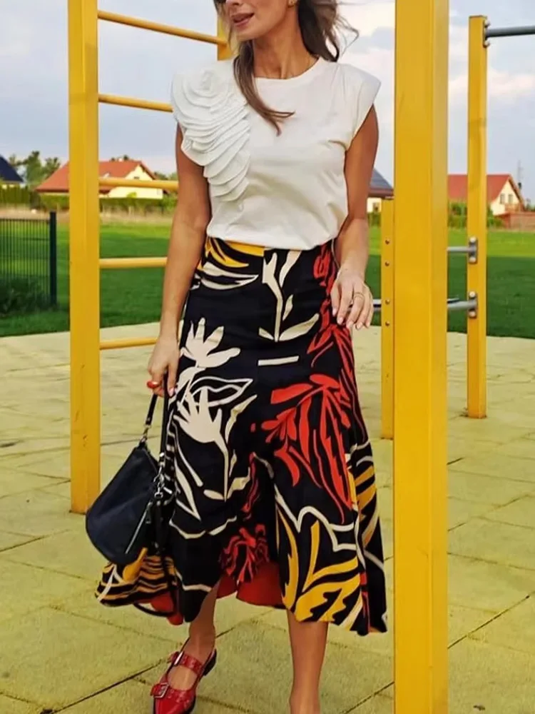 

HH Women Summer New Fashion Versatile Zipper Printed Midi Skirt Female Sexy Temperament High-Waist Slim A-line Casual Skirt