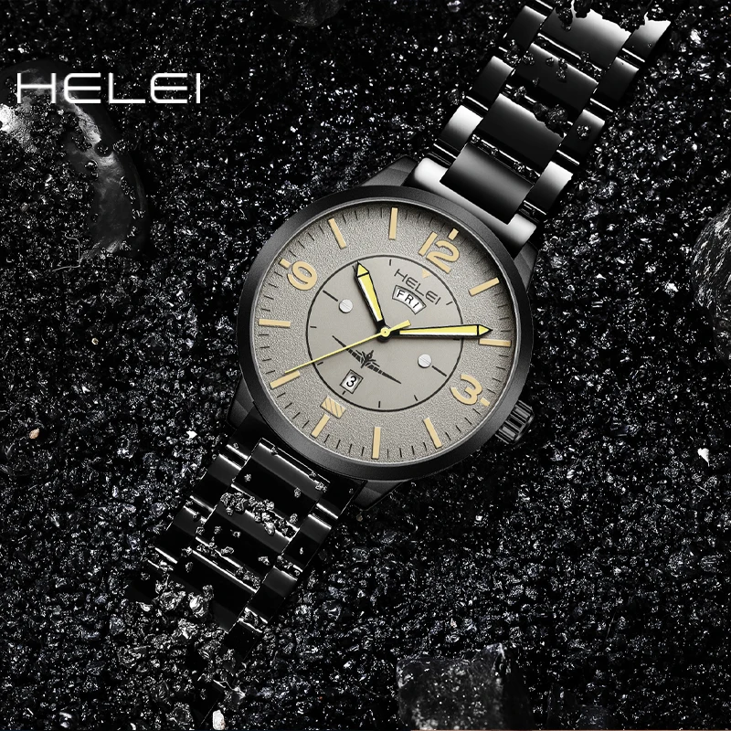 

HELEI 2024 High Quality Large Dial Men's Watch Sport Fashion Stainless Steel Military Waterproof Quartz Casual Watches For Men