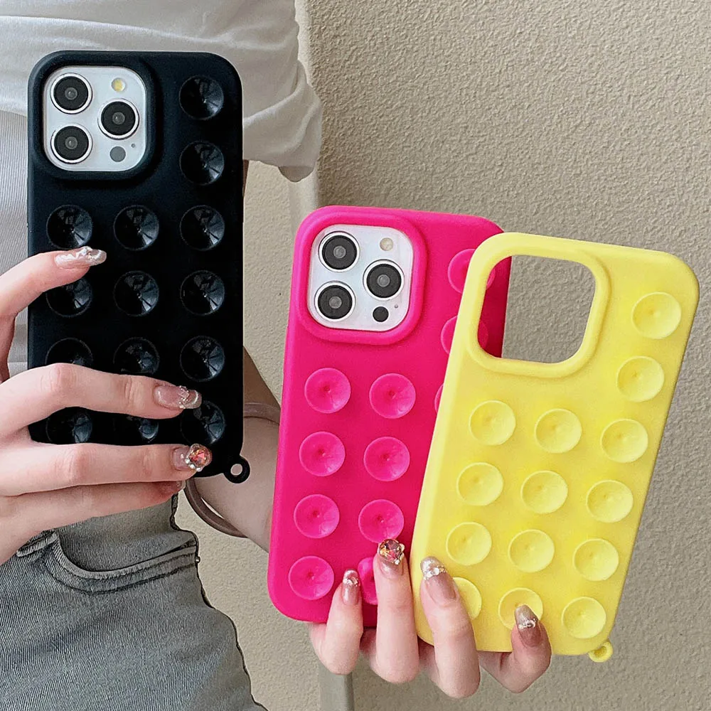 Cute Suction Cup Design Phone Back Case For iPhone 15 14 13 12 11 Pro Max Funny Decompression Solid Color Soft Silicone Cover