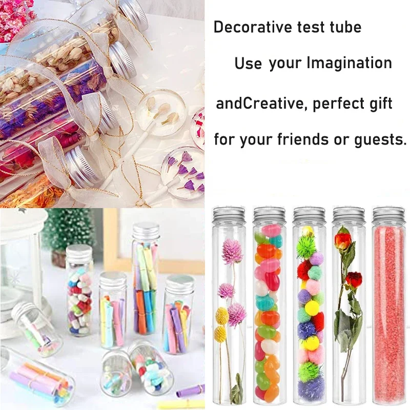 10Pcs 30-110ml Clear Plastic Test Tubes Bottle w/ Aluminum Screw Caps For Candy Spices Dried Flowers Storage Party Favors Decor