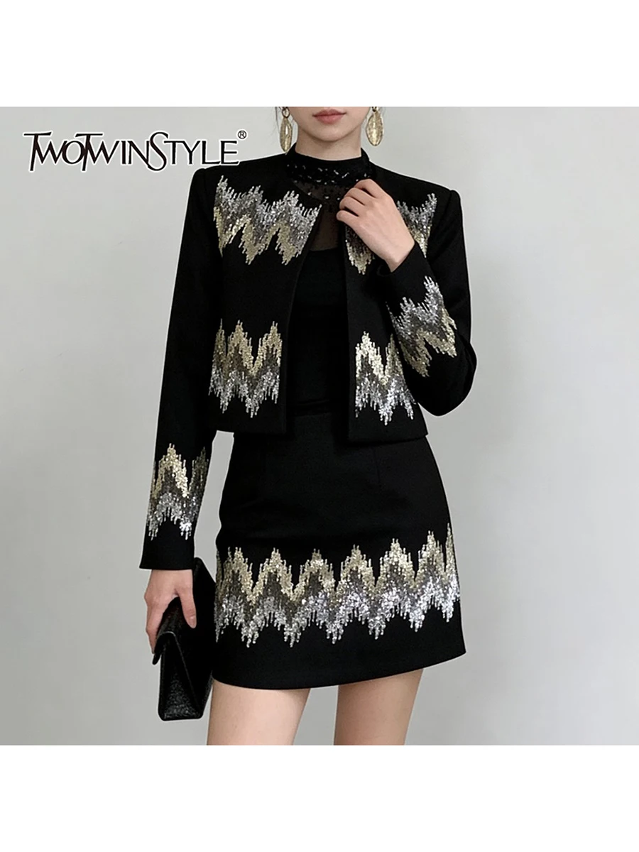 

TWOTWINSTYLE модные комплекты из двух предметов с блестками для женщин, комплект из двух предметов с круглым вырезом и длинными рукавами, топ-стойка, лоскутное платье из бисера, женский комплект