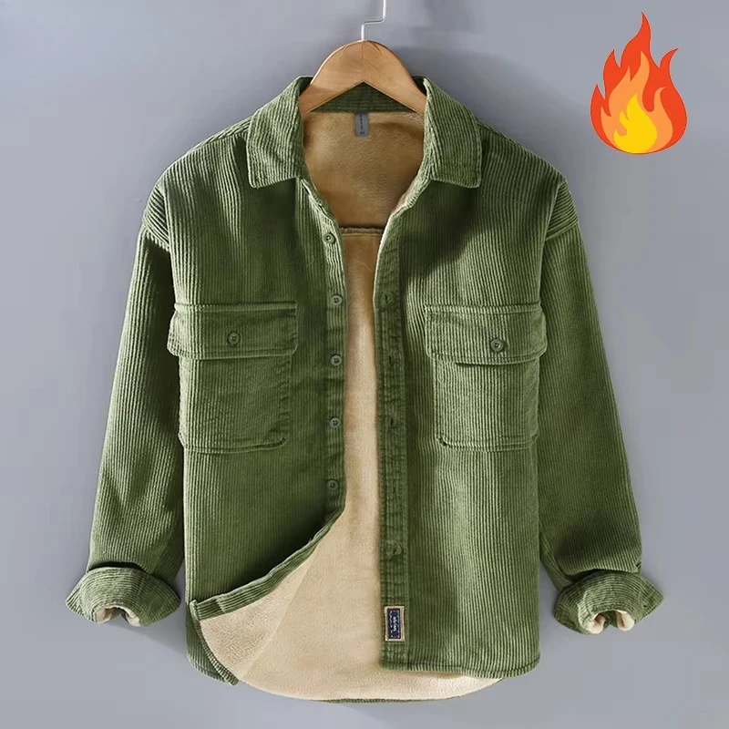Harajuku Winter Mens Shirts Daily Casual Fleece Warm Top Solid Color Corduroy Long Sleeve Shirt with Pockets Loose Vintage Shirt