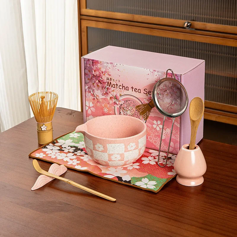 Pink Matcha Set, 8 Pcs Matcha Kit, Cherry Blossom + Plaid Pattern  Bowl Set  Starter Kit for  Lovers