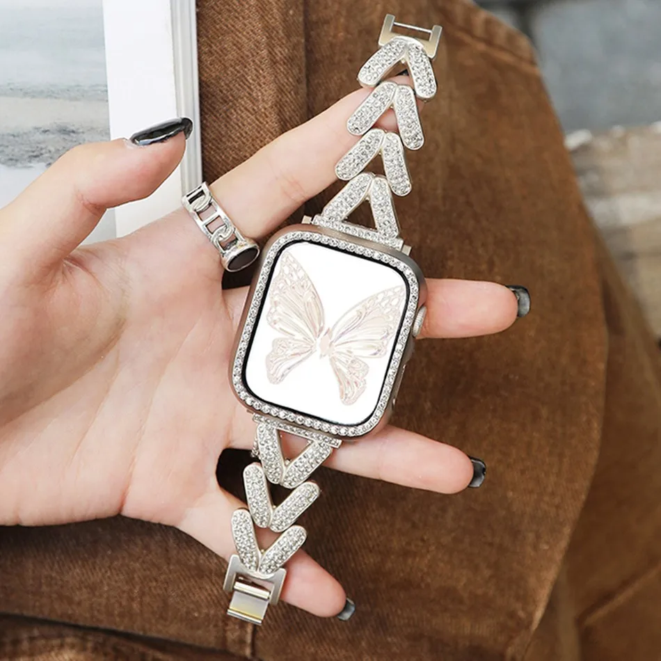 Luxury Metal Bracelet Strap For Apple Watch Series 9 8 7 6 5 SE 4 38/40/41/42/44/45mm Full Diamond Band For iWatch UItra 2 49mm