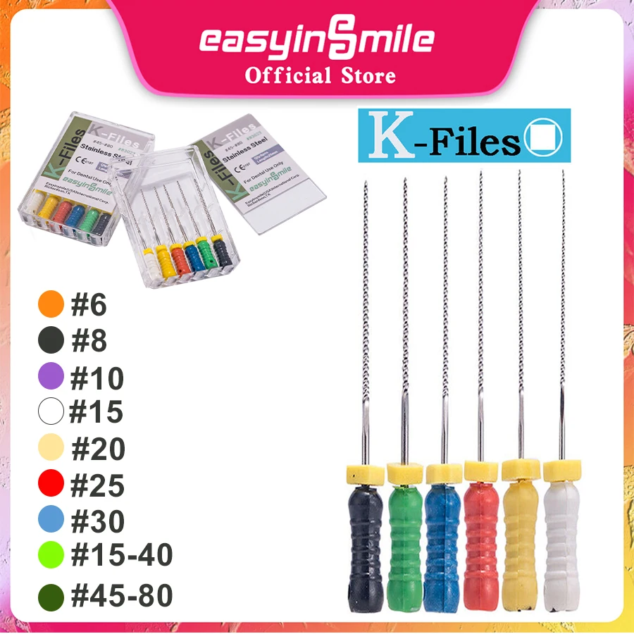 

10Packs EASYINSMILE Stainless Steel Endo K Files 25MM Dental Root Canal Hand Files #6 #8 #10 #15 #20 #25 #30 #15-40 #45-80