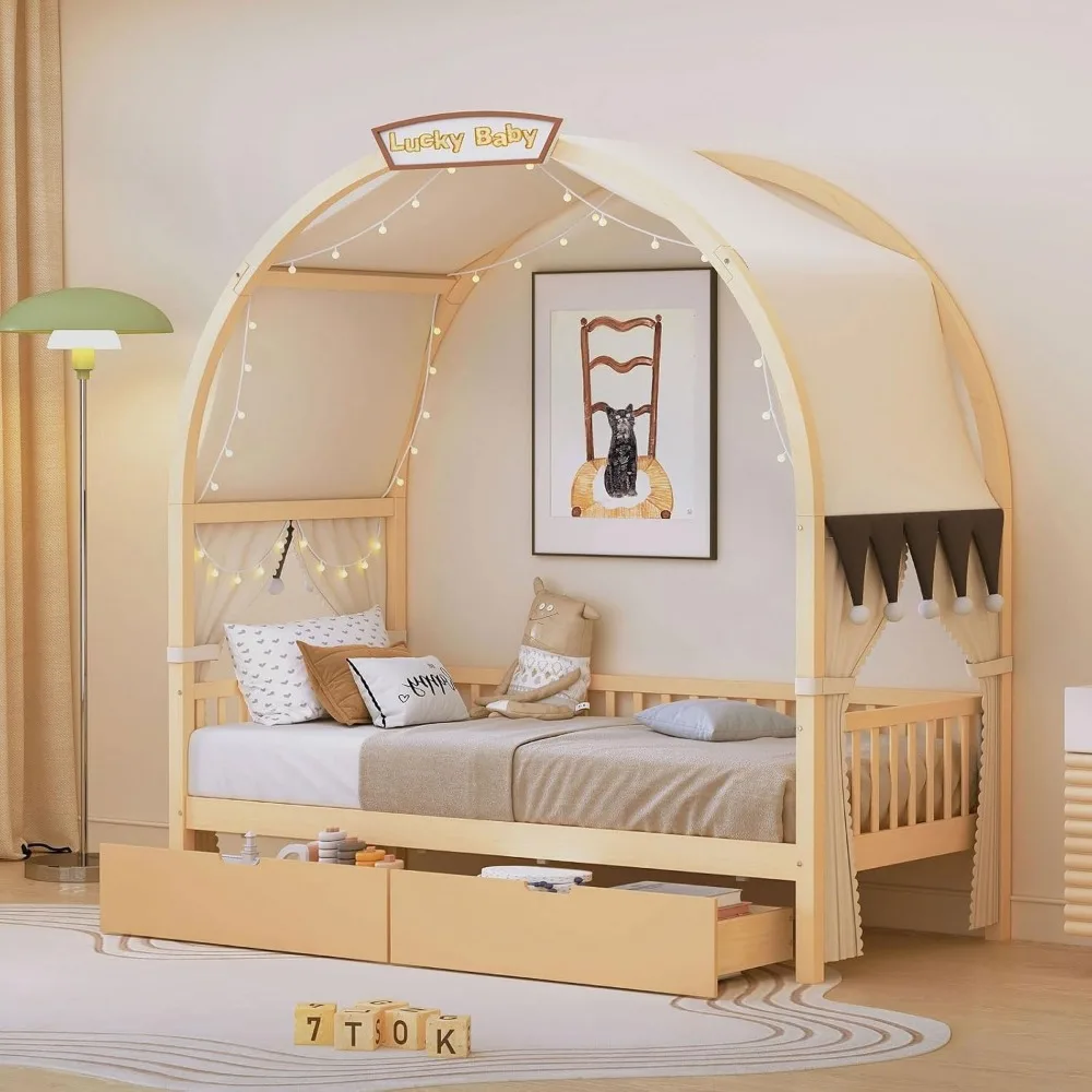 

Twin Size Bed Frame with Headboard and Storage Drawers, Wood Daybed Frame with Arched Roof, Twin Bed Frames for Kids