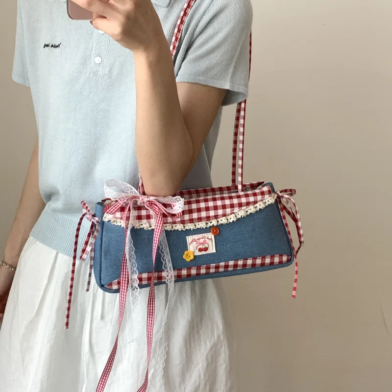 

2025 Korean Fashion Plaid Armpit Bag - Sweet Bow Detail, Trendy Casual Shoulder Bag for Women