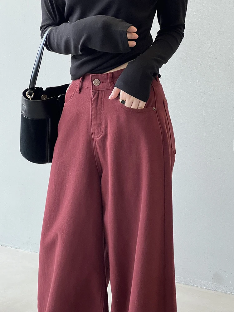 [LANMREM] High Waist Straight Wide Leg Jeans For Women Red Office Lady Loose Pants Female Clothing 2024 Autumn New 26C507