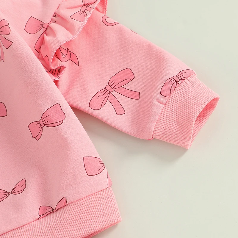 Conjuntos de 2 piezas de otoño para niñas de 0 a 3 años, sudadera de manga larga con estampado de lazo y volantes, Tops y pantalones con bolsillo, conjunto de ropa para niños pequeños