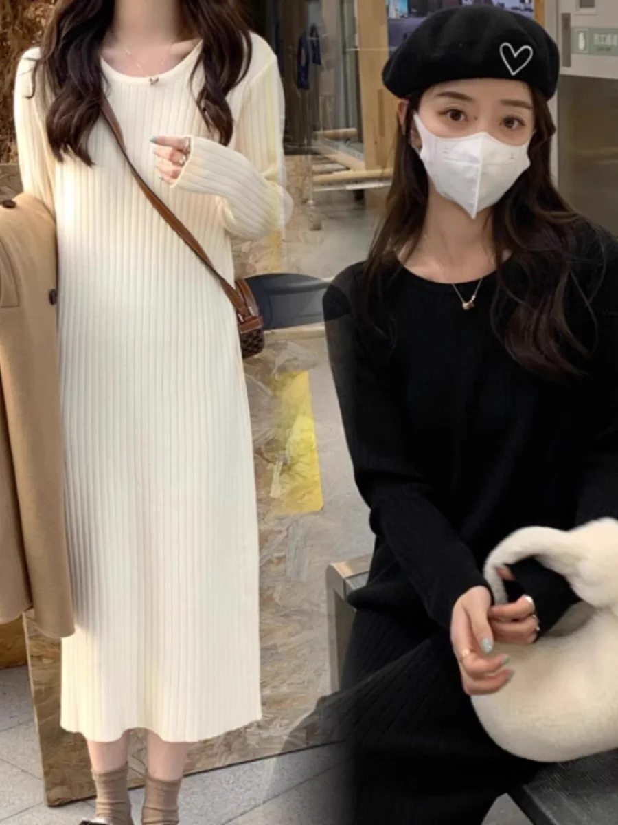 

Осенне-зимнее свободное вязаное платье-свитер с длинным рукавом, женское, миди, до колен, черное, в корейском стиле, для повседневной носки