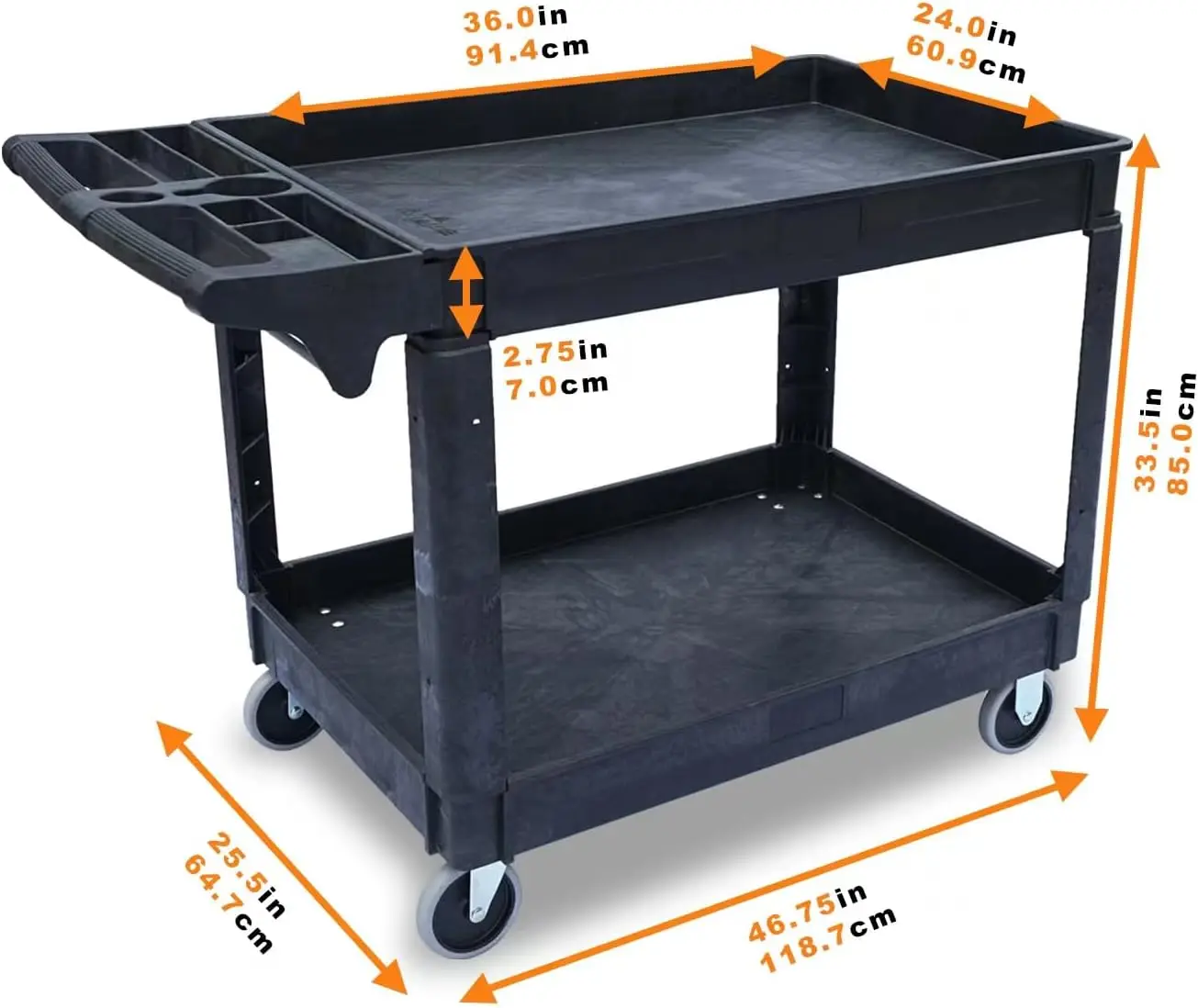 Servicekar 2 Plank Plastic Rollende Werkwagen, Ergonomische Opslaghandgreep, L46.5xw25.5 Multifunctionele Gereedschapskar