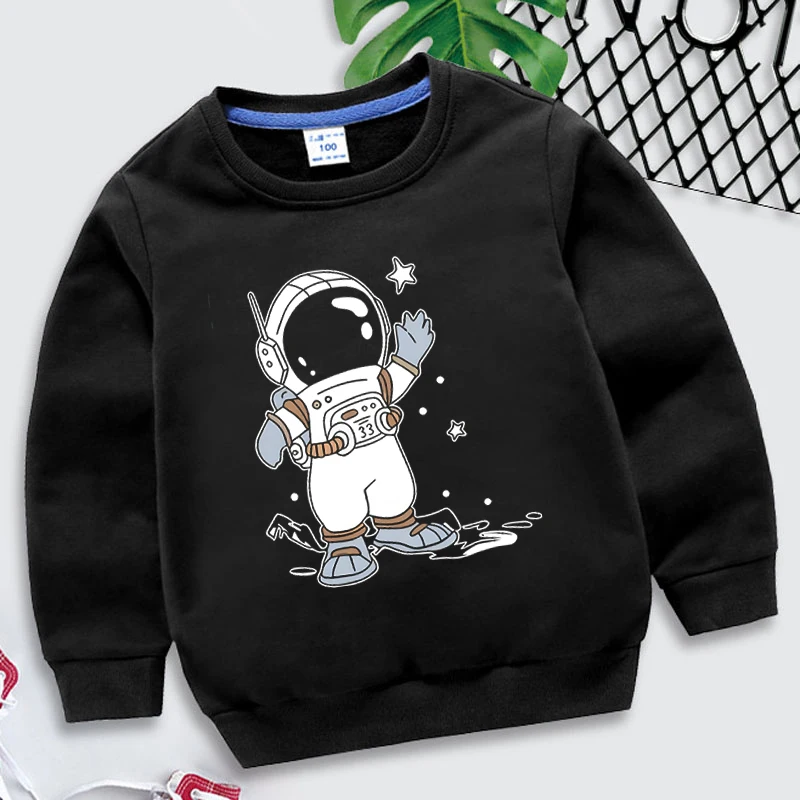 Cool Astronaut Print Crew Neck Pullovers Children Boys Hoodless Sweatshirt Kids Casual Loose Pure Color Long Sleeve Pullover