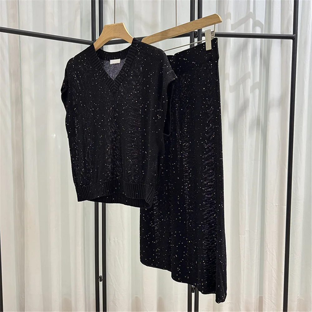 Women\'s Sequin Skirts Suit, V-Neck Pullover Sweater, Elastic Waist, A-Line Skirt, 2 Piece Set, B * C Clothing, 2024