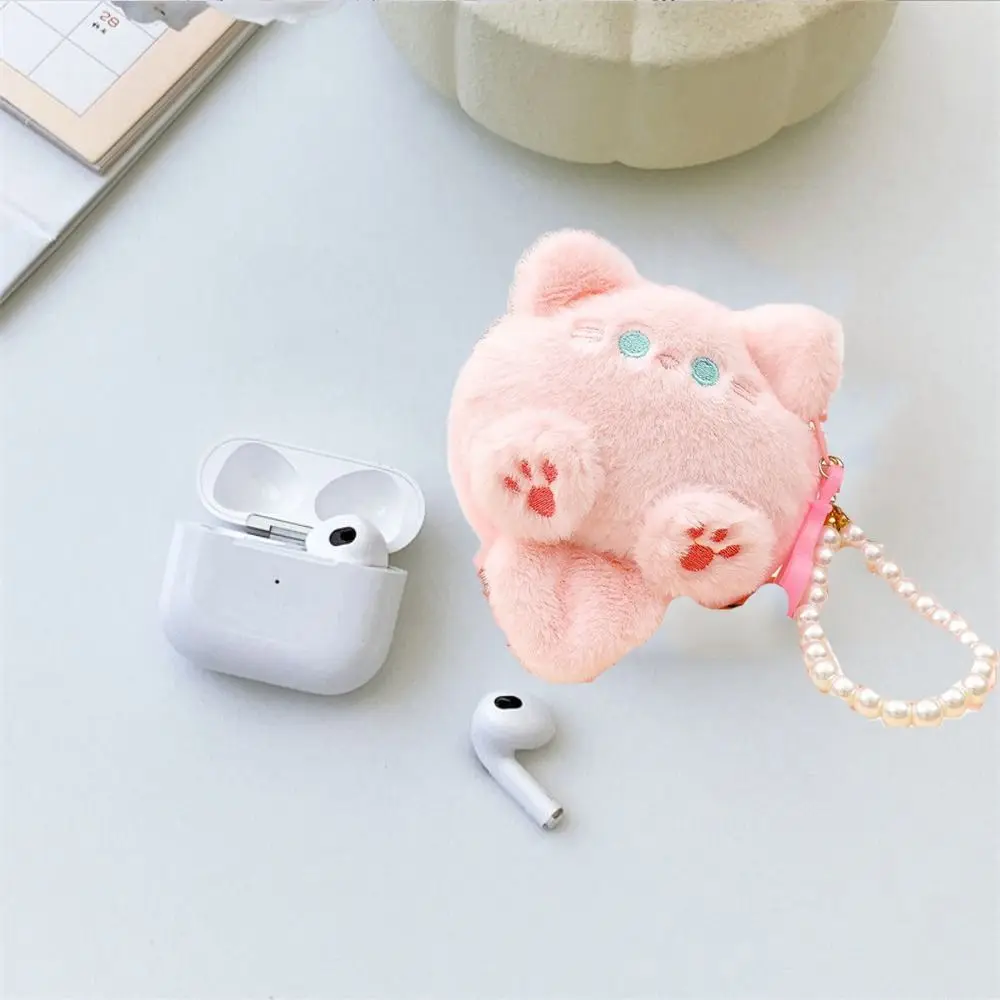 고양이 만화 플러시 동전 지갑 진주 끈 휴대용 미니 플러시 동전 가방 학교 가방 액세서리 백팩 키체인 플러시 지갑