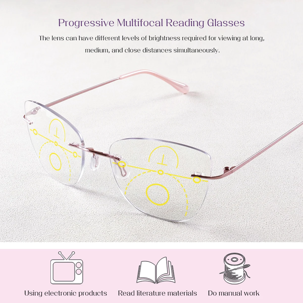 Randlose Cat-Eye Progressive Multifokal-Lesebrille für Damen, Luxuriöser Designer-Markenstil, Lila & Rosa für Frauen mittleren Alters 062