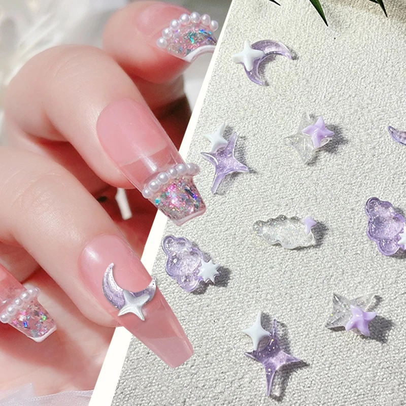 40/50Pcs Kawaii Purple Ice Translucent 3D Nail Decoration Moon Stars Clouds Love Shaped Cute Charm Manicure Nail Art Accessories