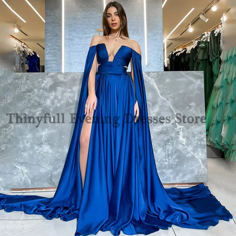 Thinyfull Sexy Prom Avondjurken Royal Blue Off Shoulder Party Dress Floor Lengte Saudi Arabië A-lijn Cocktail Jurk Plus Size