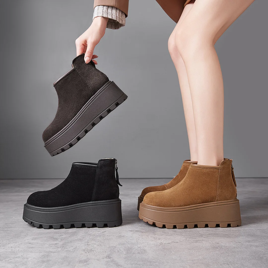 

New Winter Shoes Women Modern Boots Genuine Leather Height Increasing 7cm Brand Young Ladies Flat Platform Ankle Boots DX301