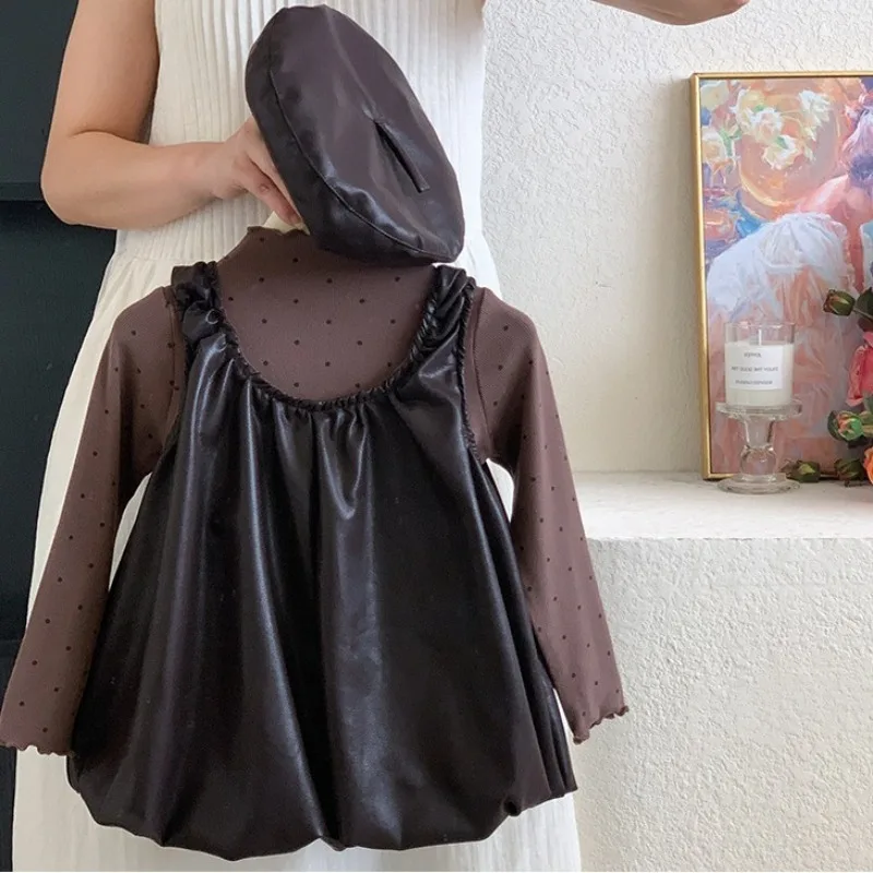 

Girls Set 2025 Spring Autumn Korean Style Fashion Vintage Polka Dots Base Layer Faux Leather Dress Two Piece Set