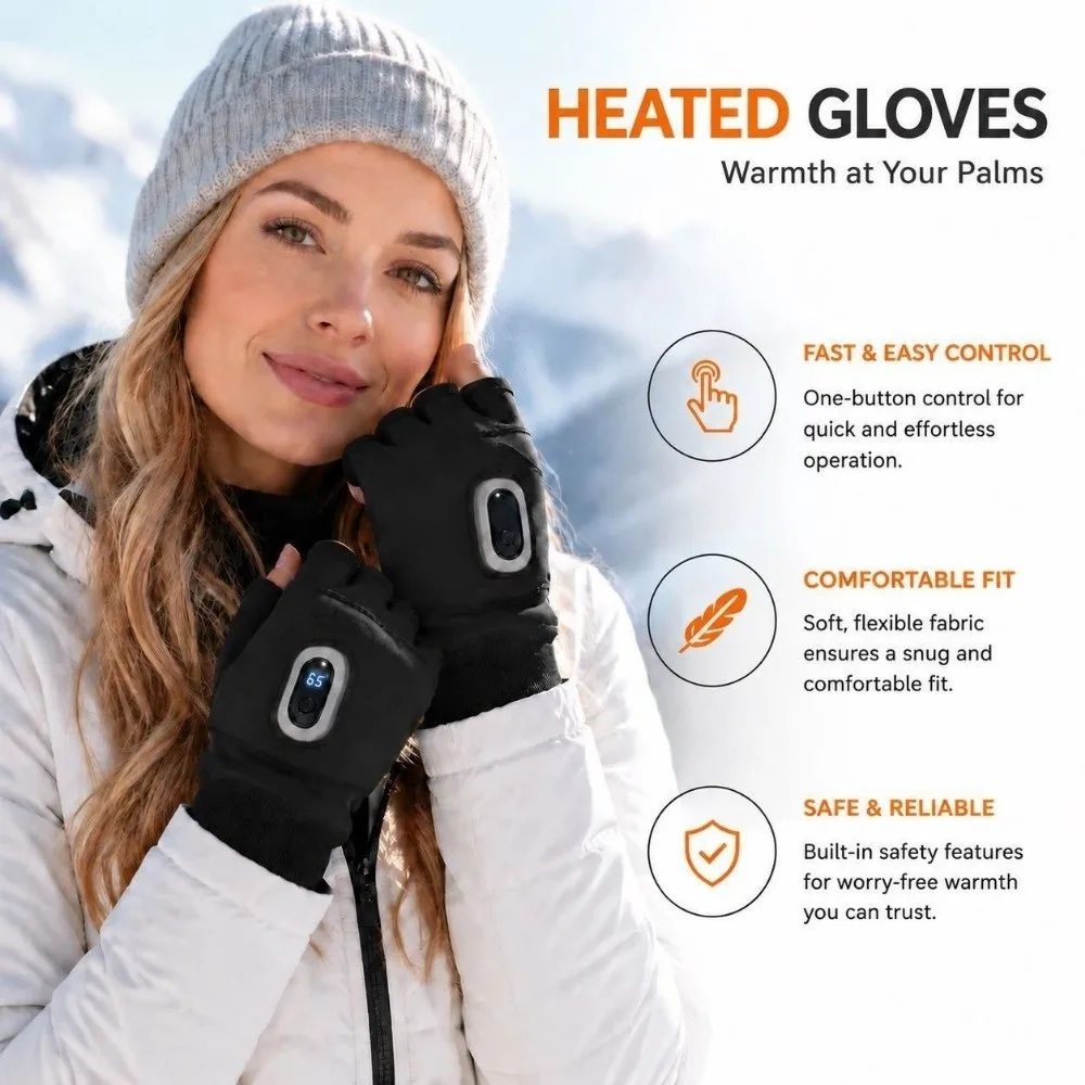 1Pair Fingerless Heating Gloves USB Rechargeable 3-speed Adjustable Electric Heated Gloves Temperature Contro Thermal