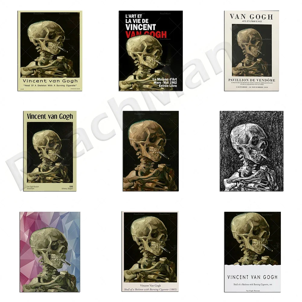 Vincent Van Gogh France Exhibition Poster, Skeleton Skull and Burning Cigarette Poster Art Nordic Living Room Home Decoration
