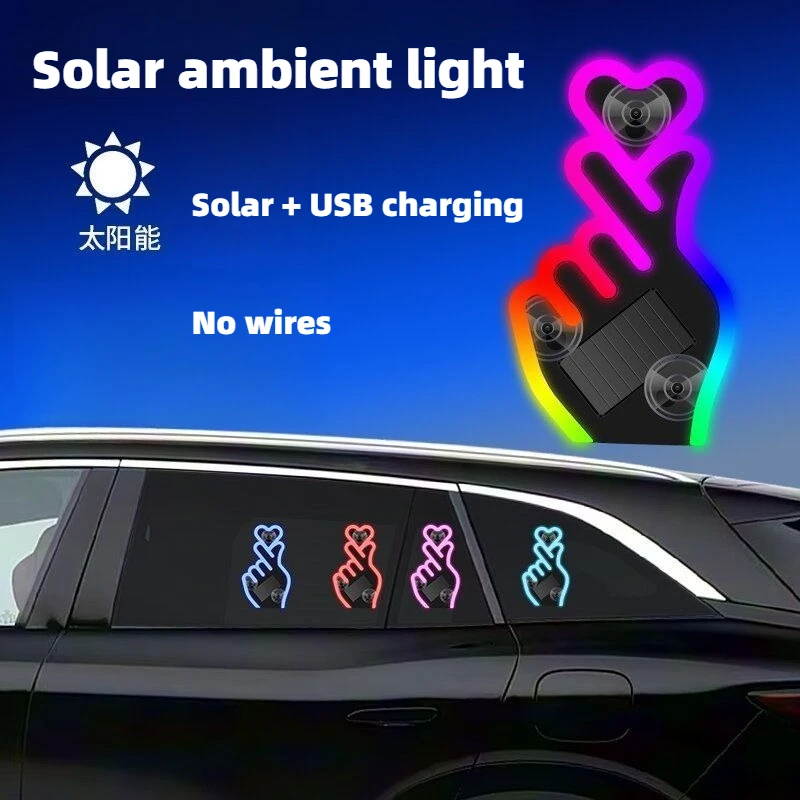 

LED Bixin Heart Atmosphere Triangle Window Ambient Light Solar Charging Cable Free Neon Car Decoration Lamp