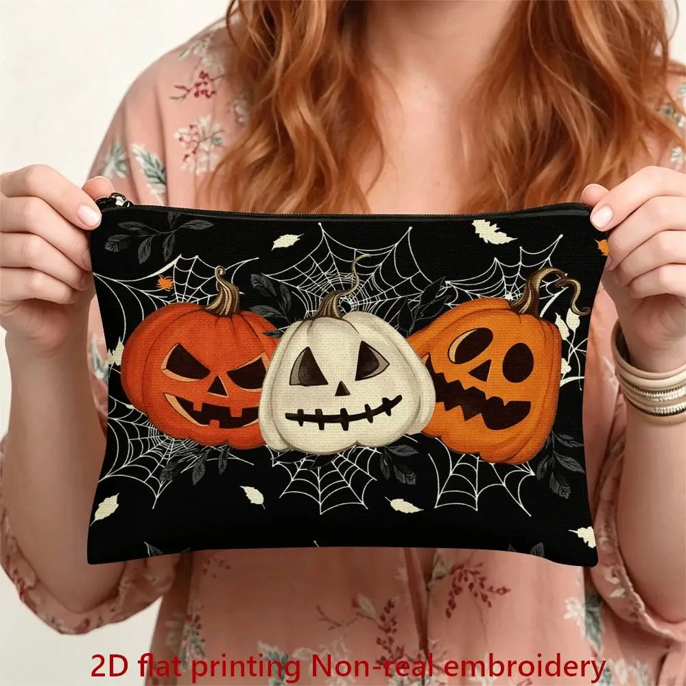 Portable Makeup Storage Pouch Jack-O'-Lantern Pattern Design, Zipper Closure Student Stationery Organizer Cosmetics Storage