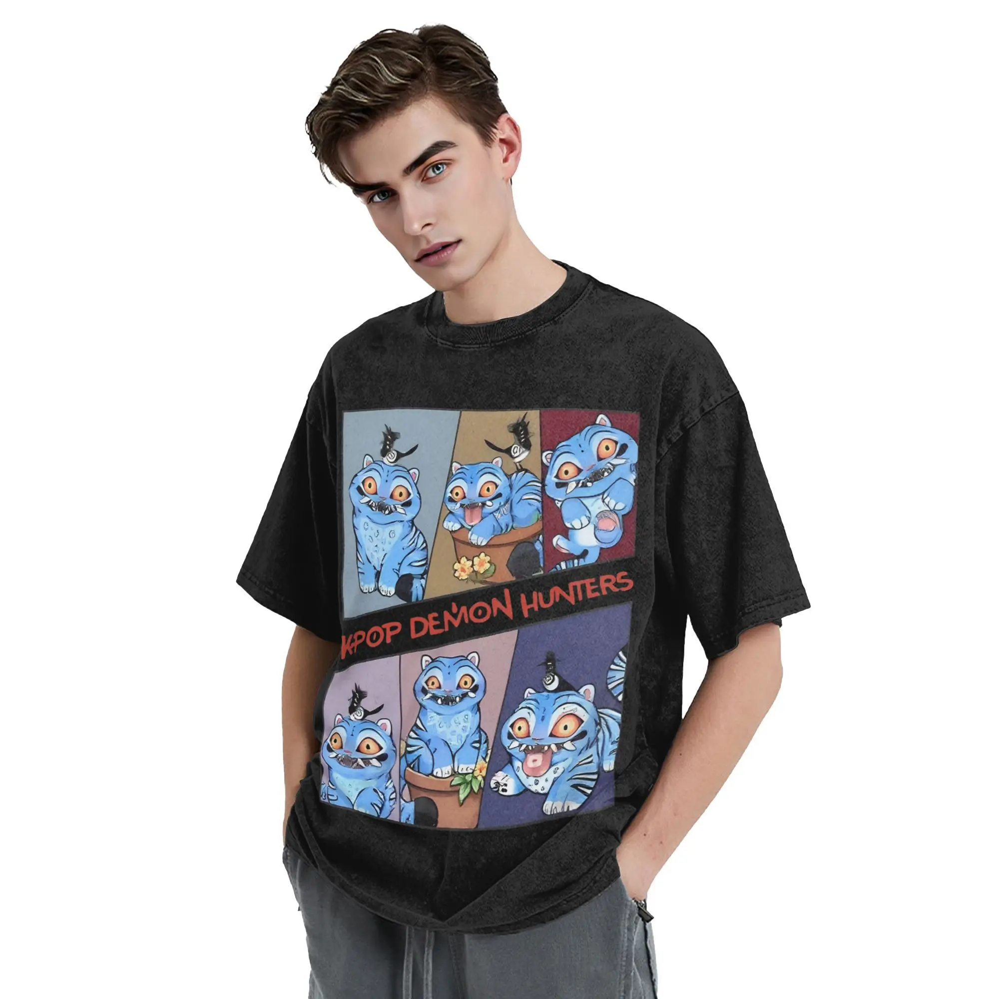 

Demon Hunters Derpy Tiger And Bird T Shirts Hip Hop Washed Cotton Oversize T-Shirt Casual Men Women Tops Streetwear Tee Shirt