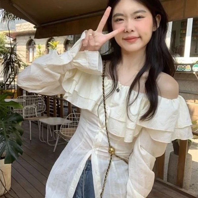 

Женская рубашка с длинными рукавами и рюшами, осень 2022, шикарная талия, облегающий топ Y2k, нежная однобортная блузка