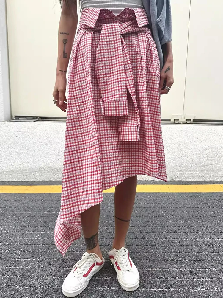 Liangliang Home Design Plaid Half Skirt Women's Summer New Vintage Irregular Long Skirt High Waist Loose Fit Commute Style