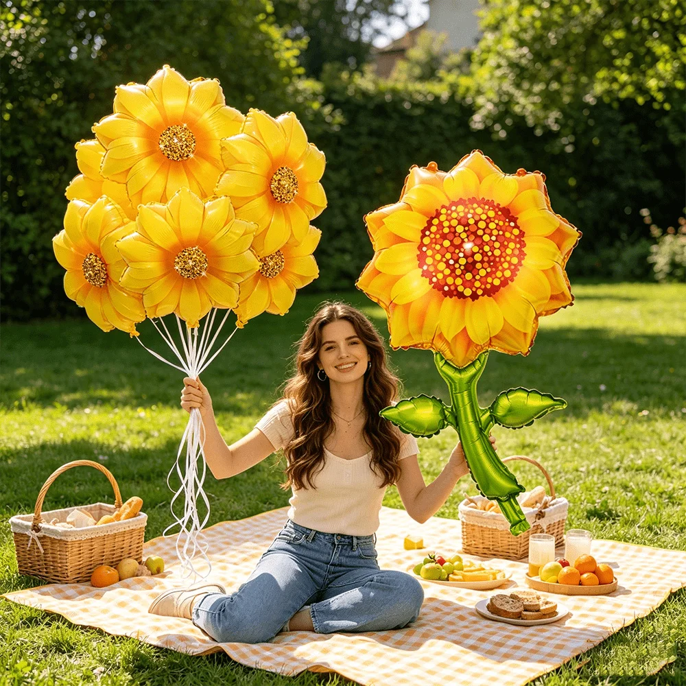8 Stück gelbe Sonnenblumen-Aluminiumfolienballons mit weißen Bändern, Geburtstag, Hochzeit, Jahrestag, Party-Dekoration, Foto-Requisiten