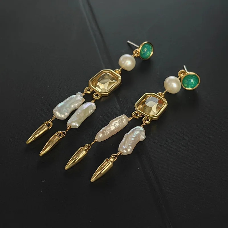 

Vintage Edward Era CC Style Natural Yellow Crystal Green Jade Ear Stud Freshwater Baroque Pearl Drop Dangle Retro Jewelry Copy
