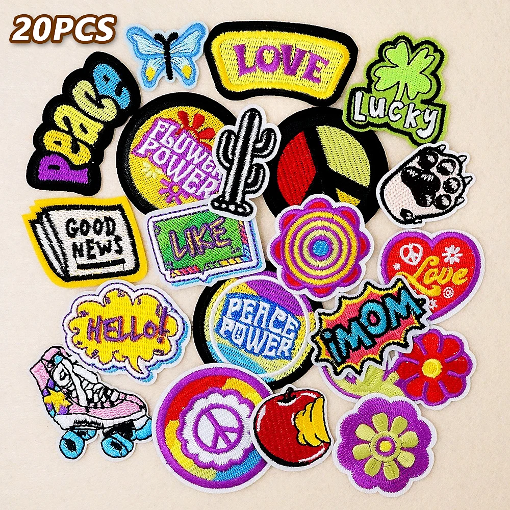 

20Pcs/Lot Peace Love Lucky Iron on Patches for Clothing Embroidery Applique Ironing Sewing Decorative Cloth Supplies Patch