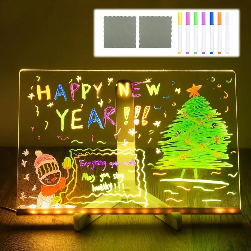 Tablero LED de dibujo con luz, tablero de notas de mensaje borrable de 7 colores alimentado por USB para niños con marcadores y soporte, regalo de cumpleaños y Navidad