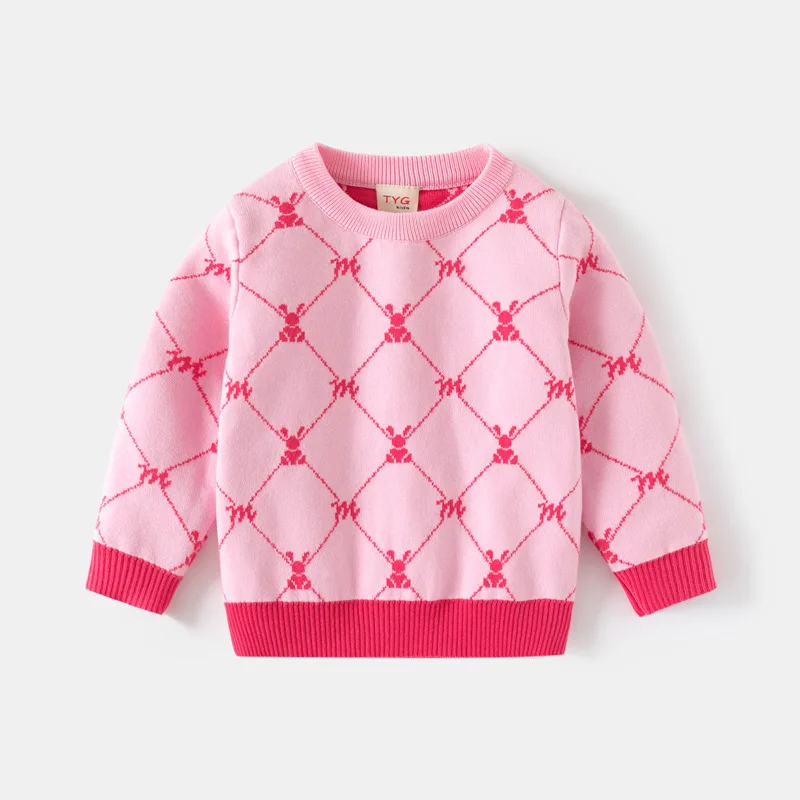 Autumn Winter Baby Girl Pullover Cotton Argyle Print Long Sleeve Kid Girl Sweater Rabbit Round Collar Thick Little Girl Knitwear