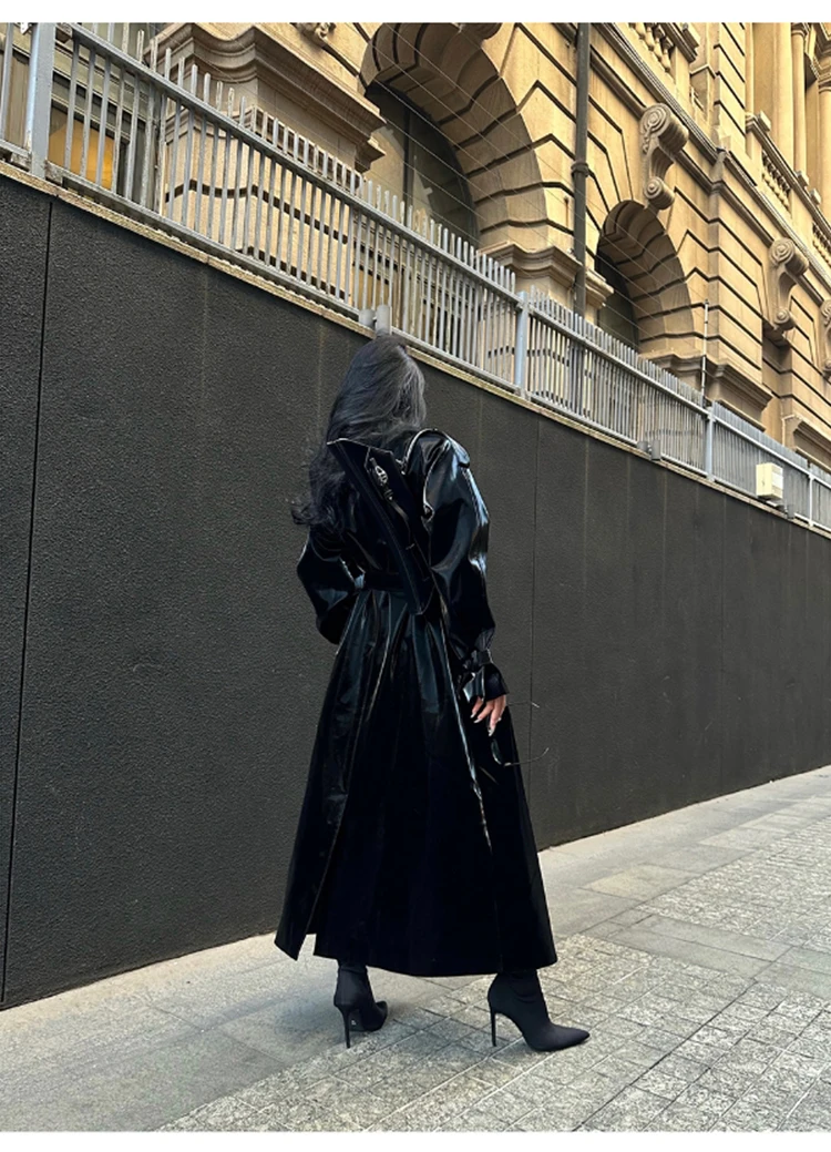 Lautaro Spring Autumn Extra Long Oversized Cool Reflective Shiny Black Patent Leather Trench Coat for Women Belt Runway Fashion
