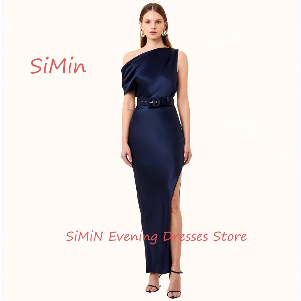 Simin One-shoulder Mermaid Sash Prom Gown Simple Ankle-Length Satin Sleeveless Arab Evening Elegant Party dresses for women 2024